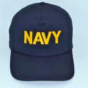 Vintage Navy 6 Panel Embroidered Snapback Hat Blue Cap Made In USA H016